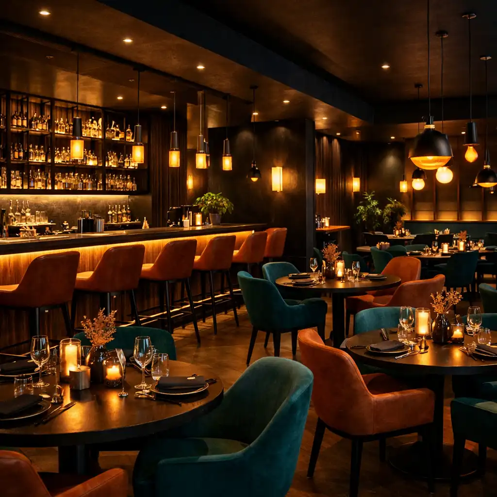 Moderní interiér restaurace Dobrý Talíř s barem a teplým osvětlením