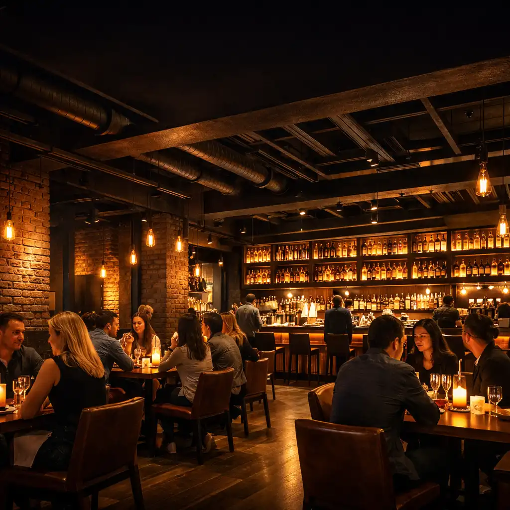 Interiér restaurace Dobrý Talíř ve večerním osvětlení s hosty a barem