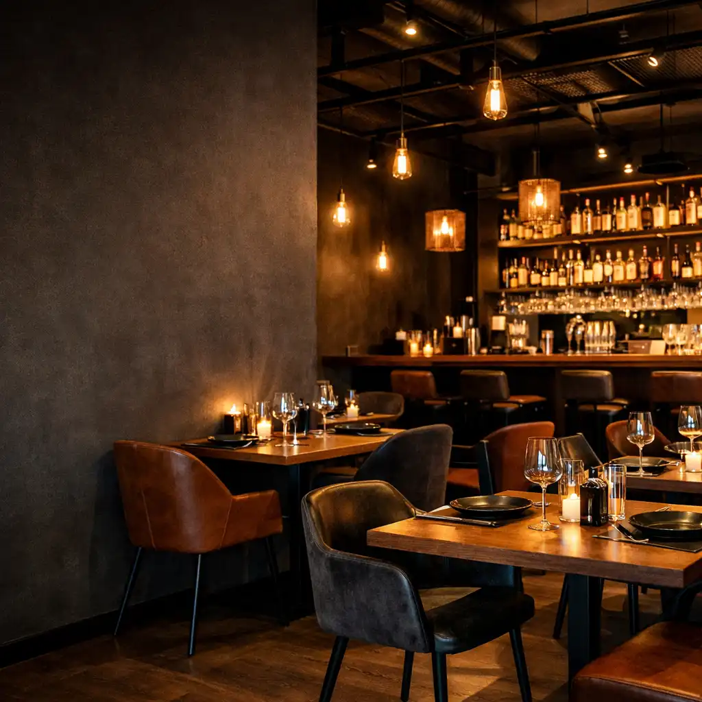 Interiér moderní restaurace Dobrý Talíř ve večerním osvětlení s designovými židlemi a barem