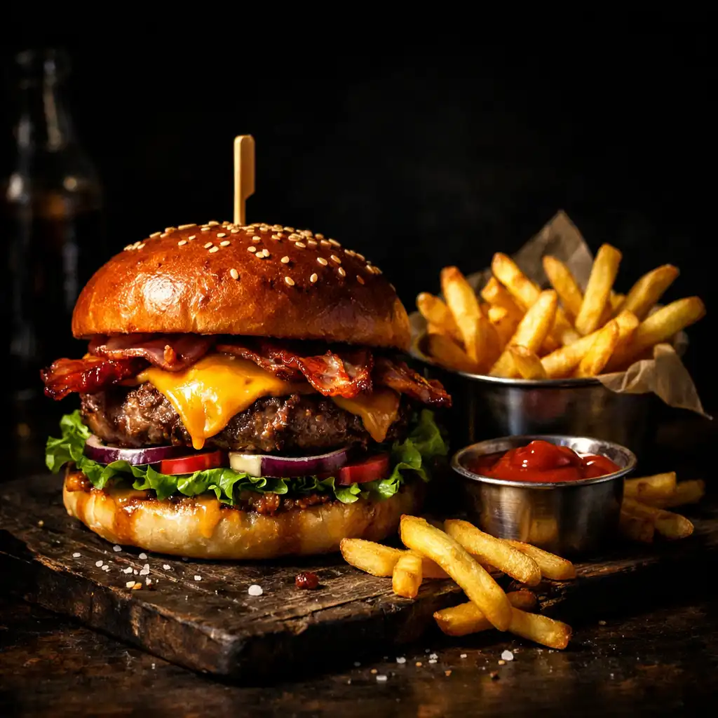 Burger s hranolky na tmavém pozadí