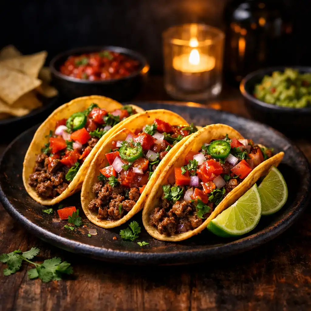 Tacos s masem a salsou na tmavém talíři