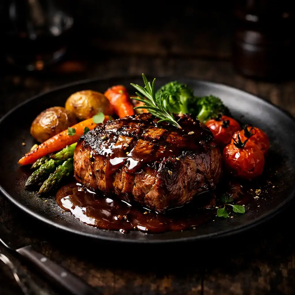 Steak s omáčkou a zeleninou na tmavém talíři