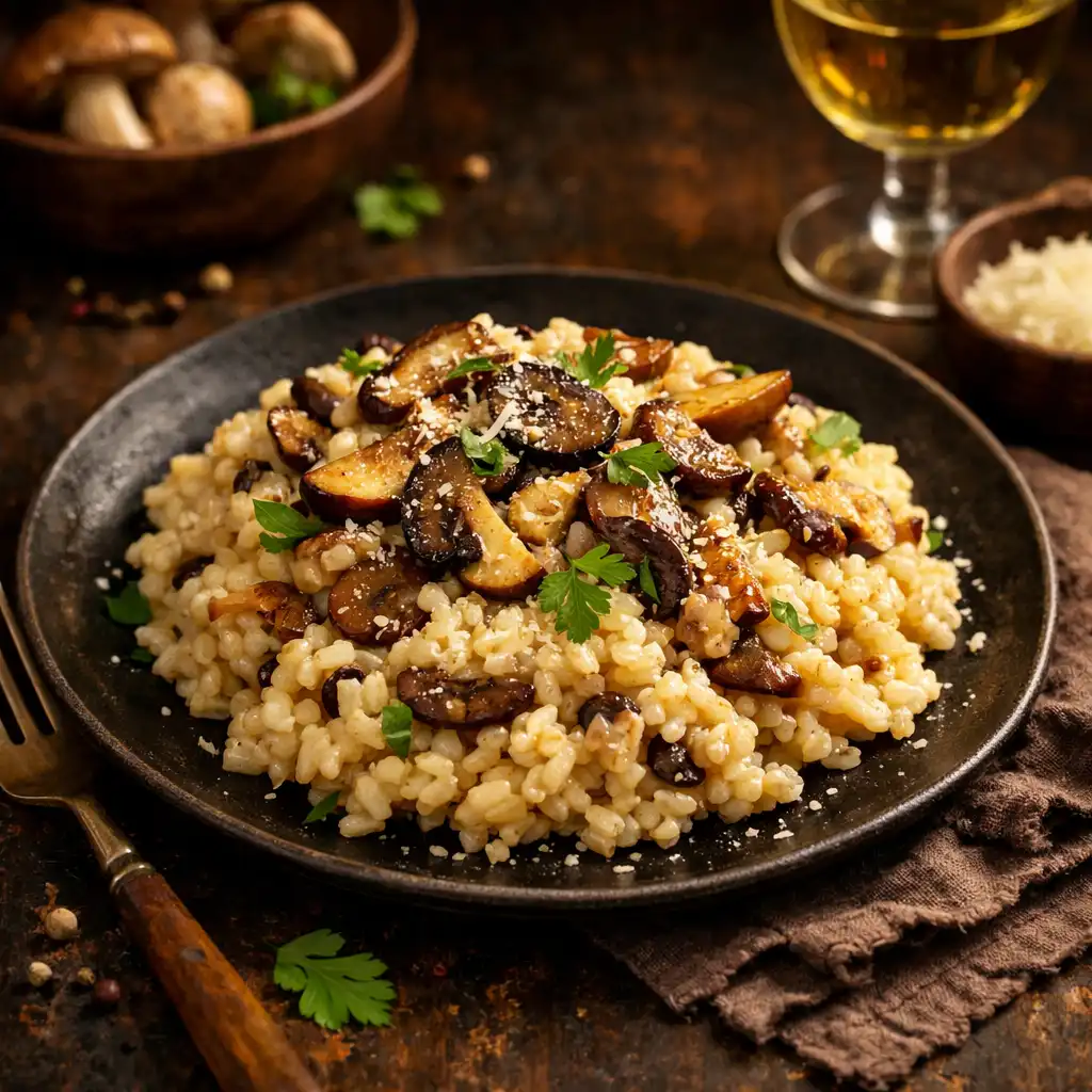 Vegetariánské rizoto s houbami na tmavém pozadí