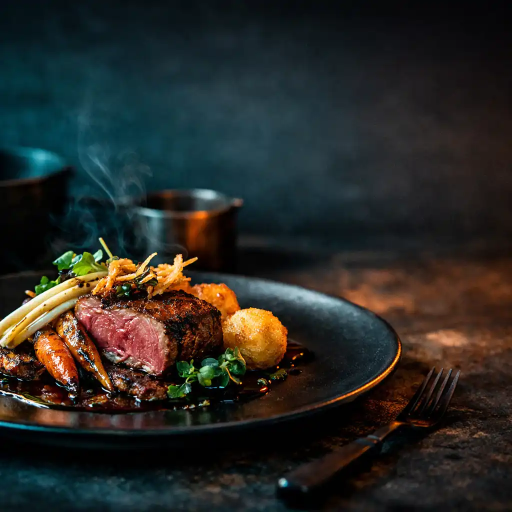Atmosférická fotografie moderně naservírovaného jídla na talíři v restauraci Dobrý Talíř