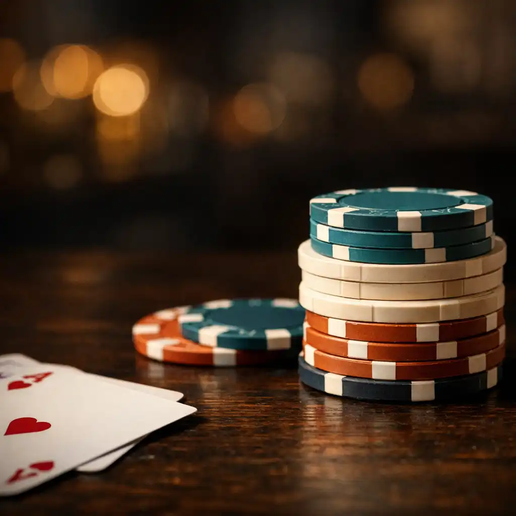 Detailní pohled na pokerové žetony a karty na tmavém stole