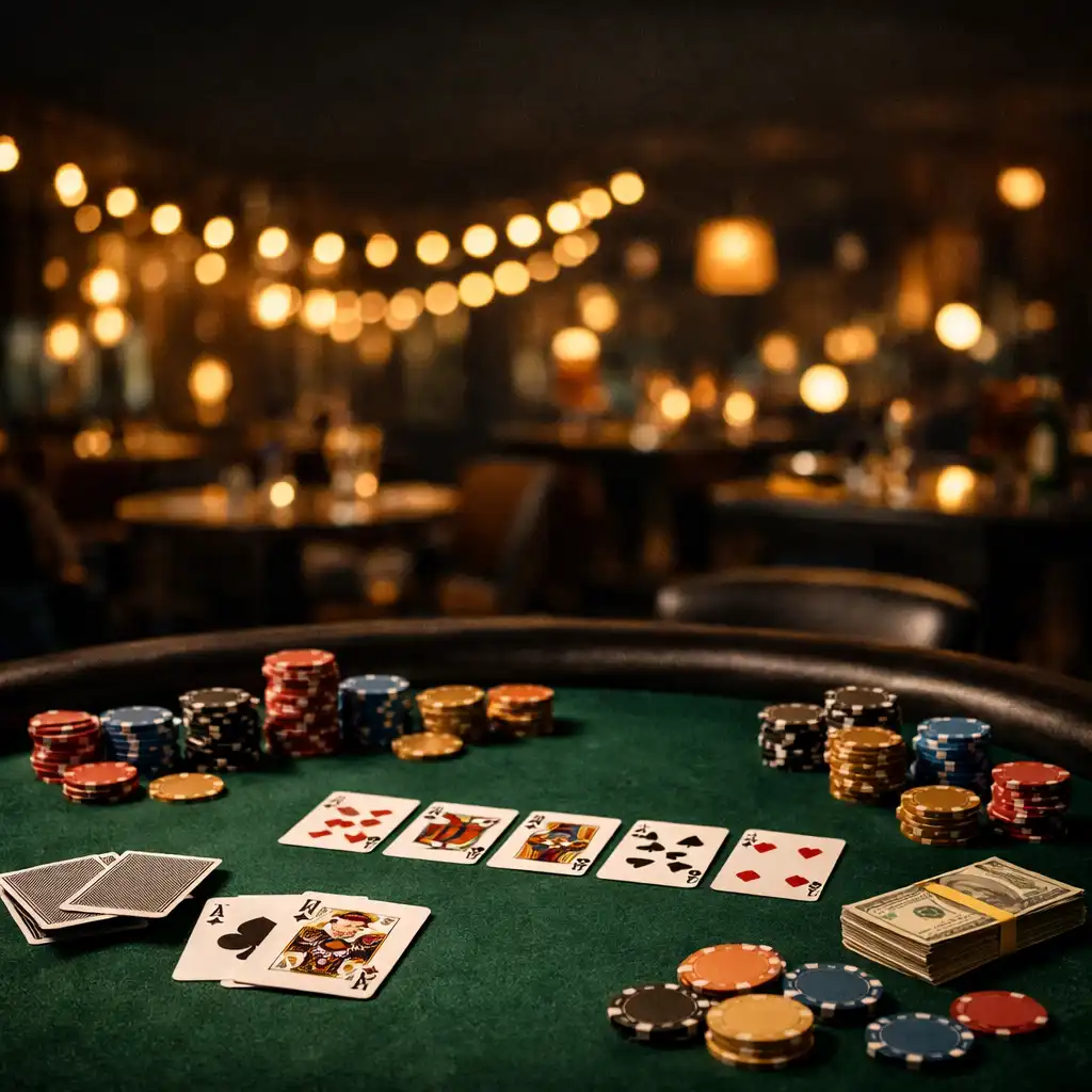 Atmosférický pohled na pokerový stůl s kartami a barevnými žetony v moderní restauraci