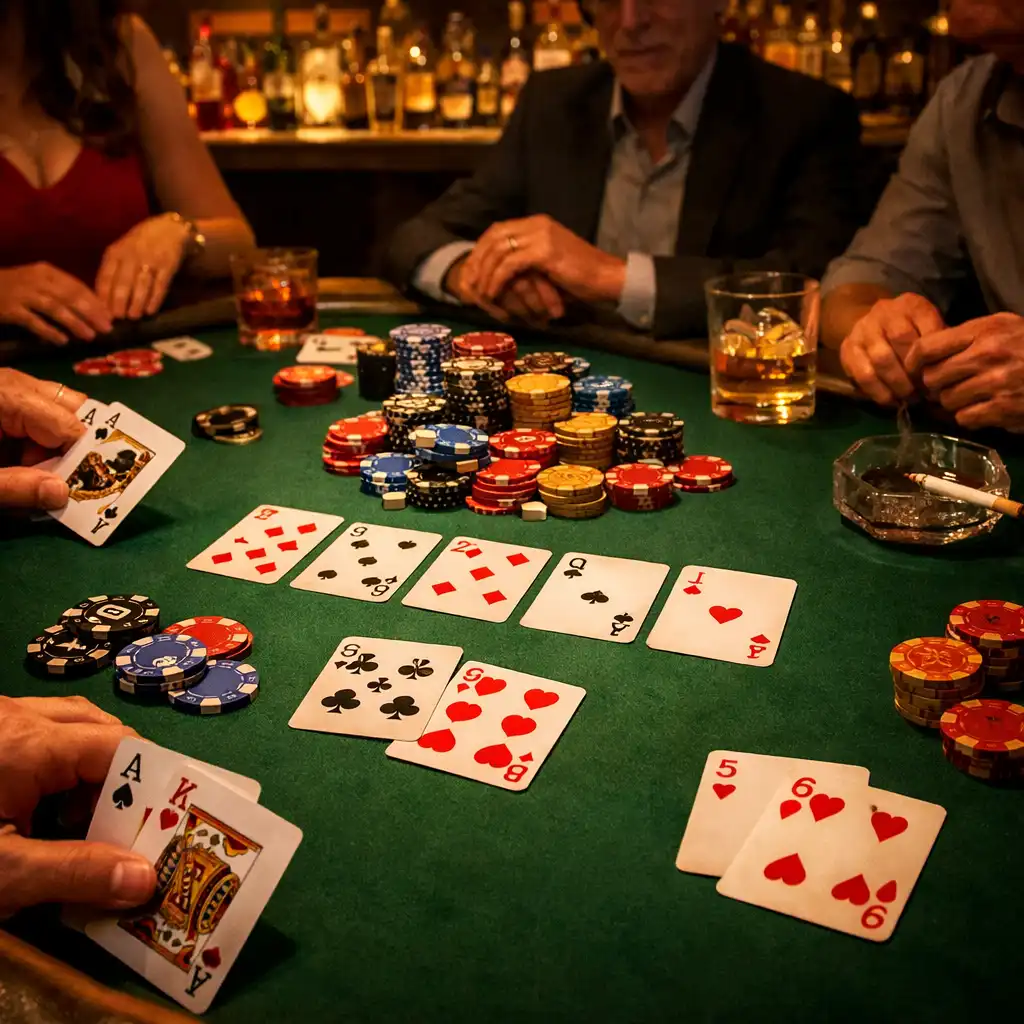 Pokerový stůl s rozloženými kartami a žetony, kolem sedí hráči