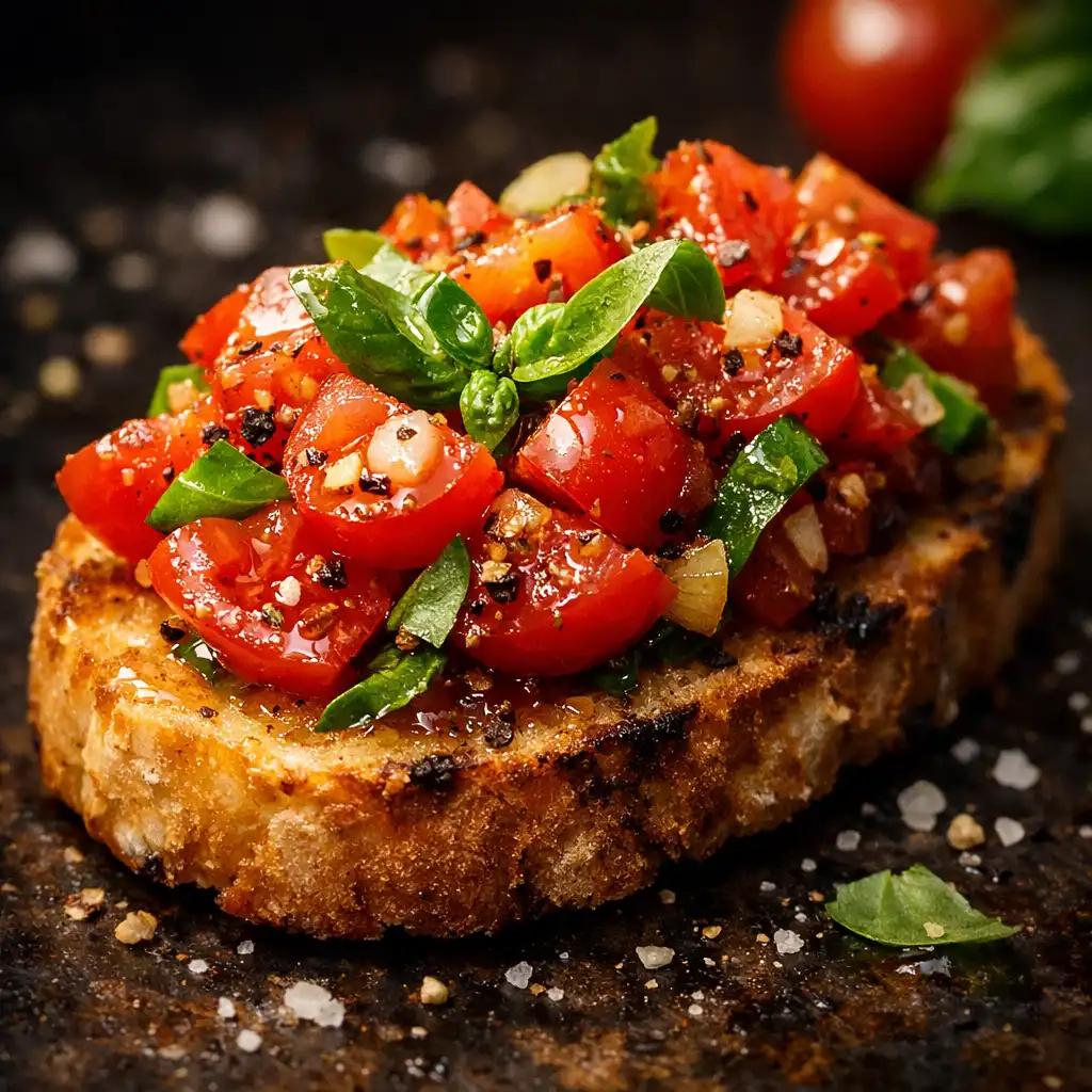 Bruschetta s rajčaty a bazalkou na tmavém pozadí